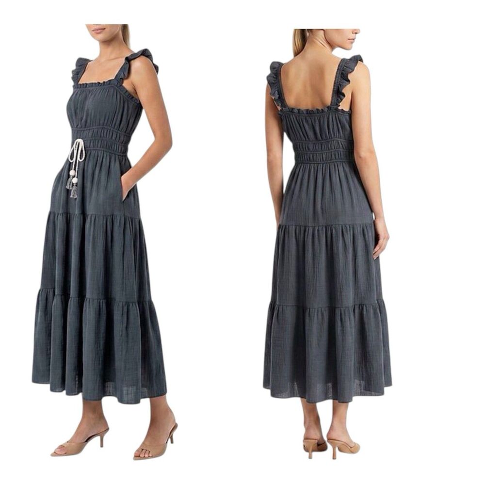 NWT Maison Tara Women’s Size 12 Ruffled Twill Tiered Midi Summer Dress Navy Blue
